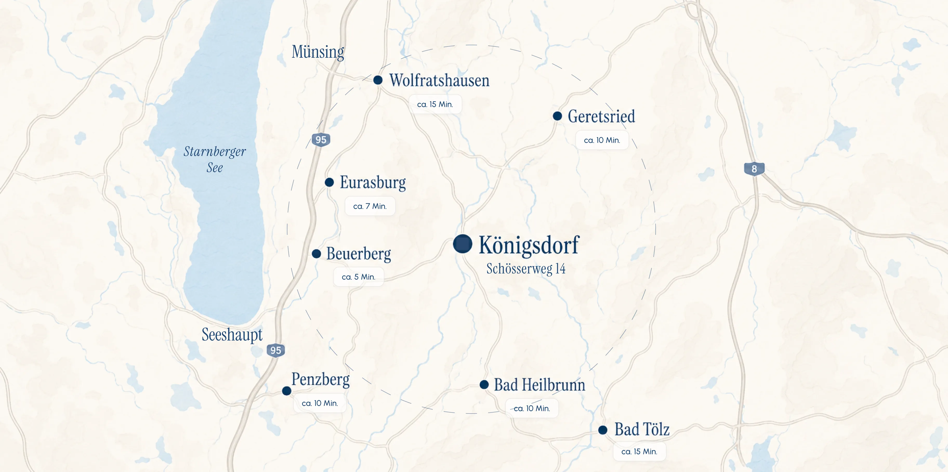 Karte der Region um Königsdorf mit Fahrzeiten